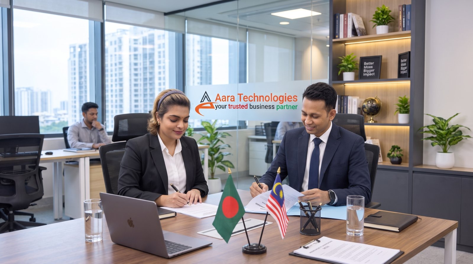 Founder Saiful Islam and Malaysia Partner Malathi Ma'am signing official business documents for Lucky Zone Resources and Aara Technologies